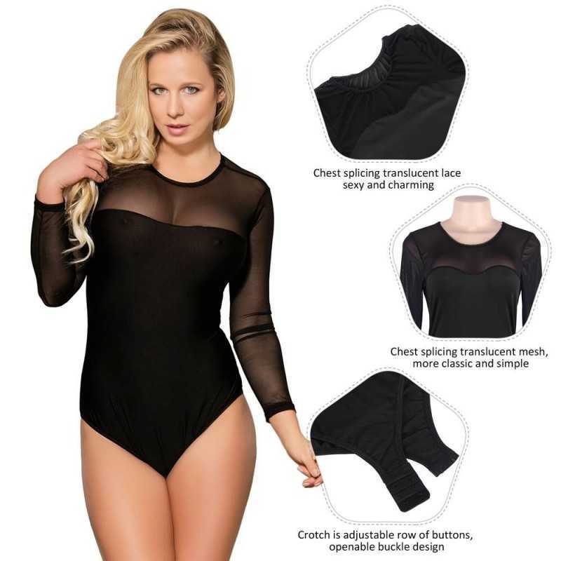 Body noir en mesh transparent à manches longues élégant