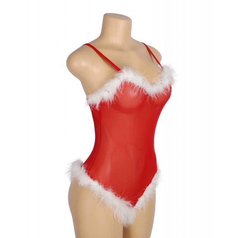 Body Noël rouge sexy – Fausse fourrure blanche festive