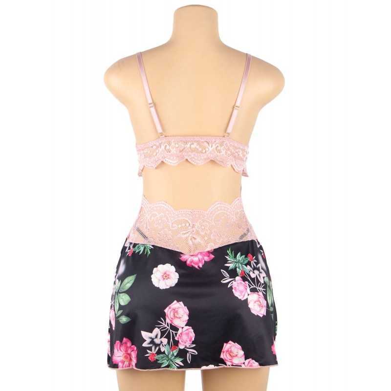 Nuisette fleurie sans armatures – Satin doux & dentelle rose
