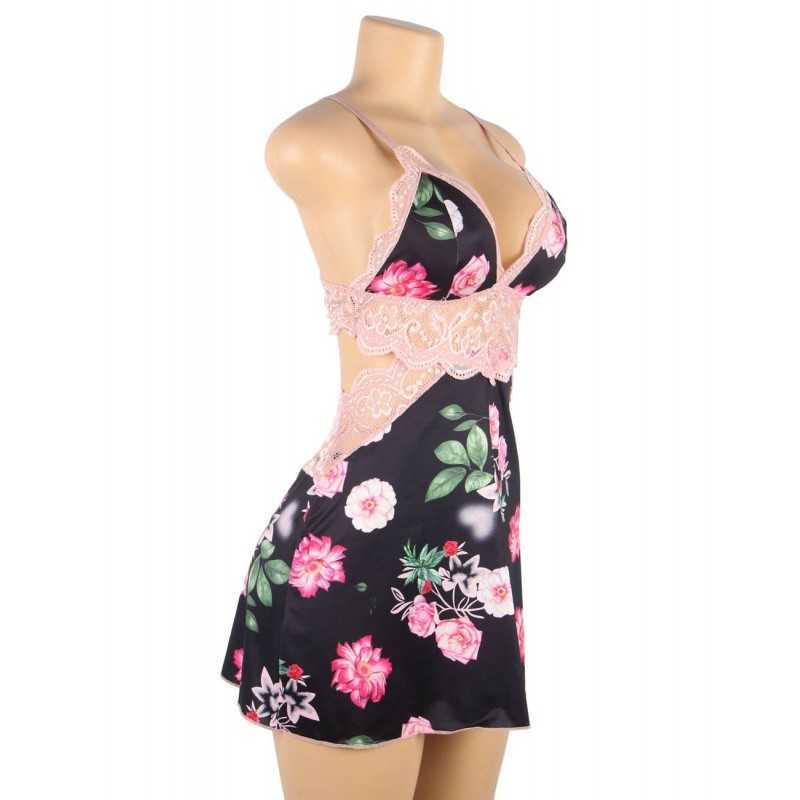 Nuisette fleurie sans armatures – Satin doux & dentelle rose