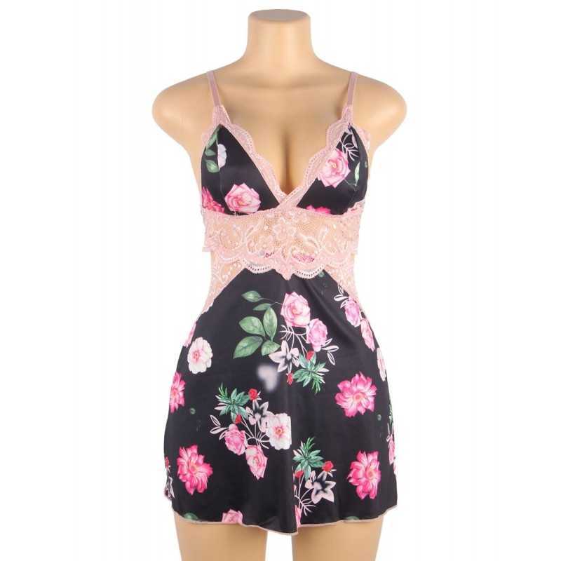 Nuisette fleurie sans armatures – Satin doux & dentelle rose