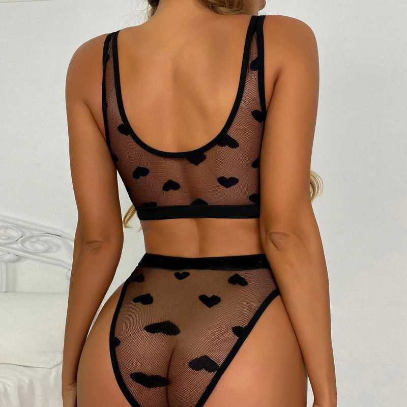 Ensemble lingerie transparent motifs cœur noir femme