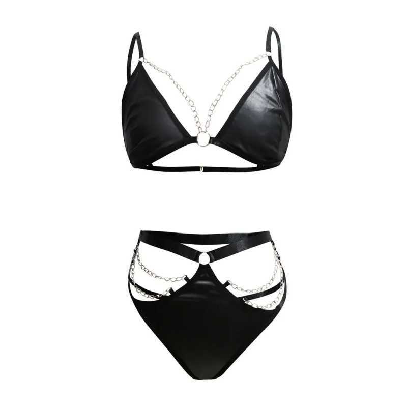 Ensemble lingerie similicuir noir avec chaînes