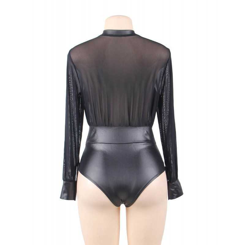 Body noir en mesh et simili cuir, élégant et audacieux