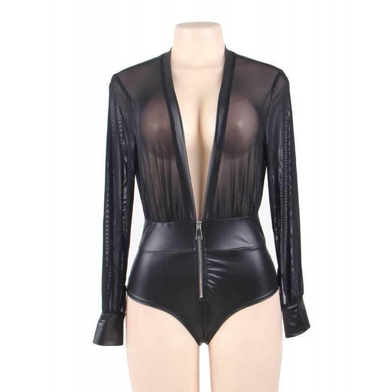 Body noir en mesh et simili cuir, élégant et audacieux