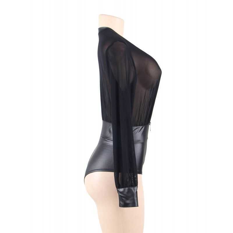 Body noir en mesh et simili cuir, élégant et audacieux