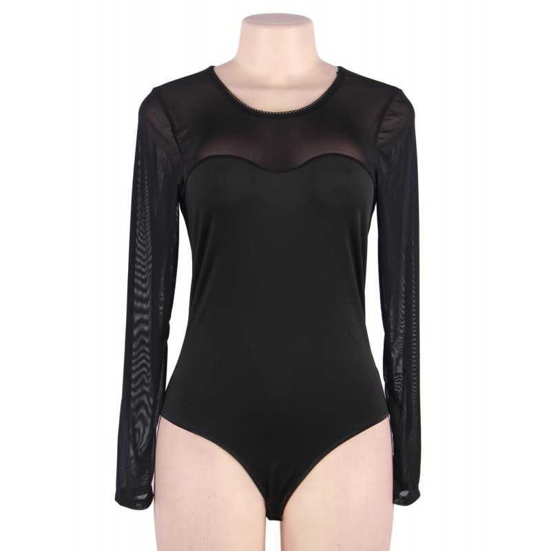 Body noir en mesh transparent à manches longues élégant