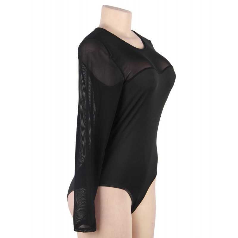 Body noir en mesh transparent à manches longues élégant