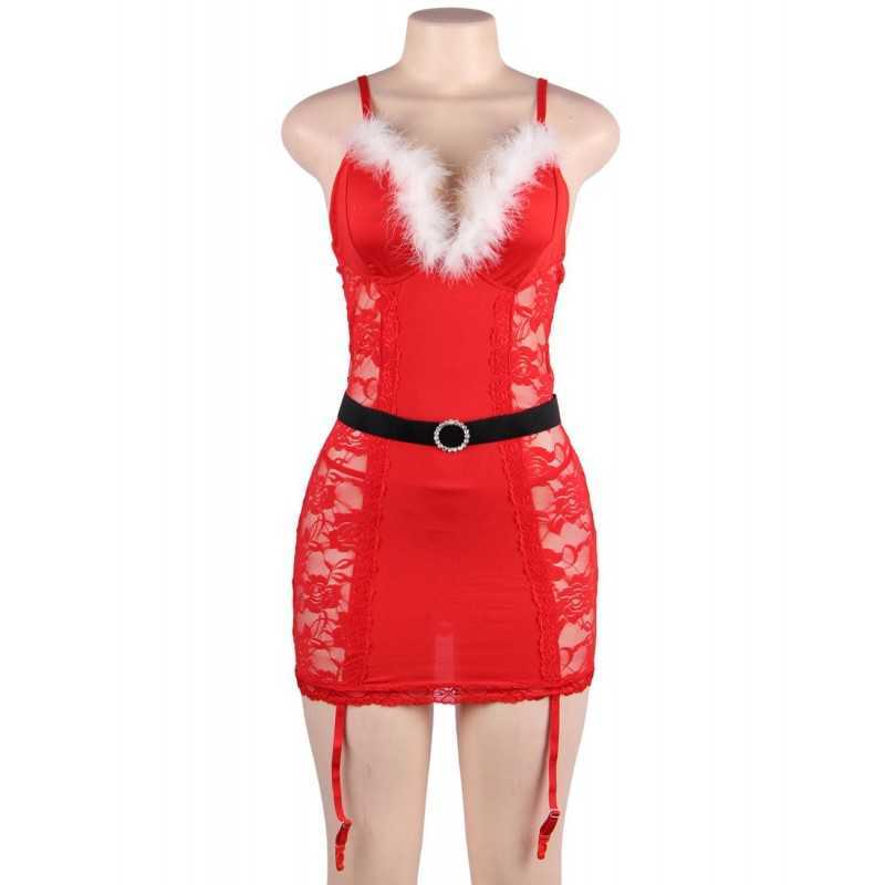 Tenue sexy de Mère Noël - Robe rouge, ceinture & string