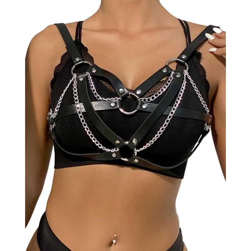 Harnais bondage avec chaînes ajustable en cuir synthétique élégant