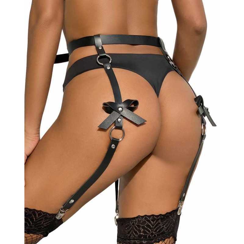 Porte-jarretelles noir bondage ajustable avec nœuds et anneaux