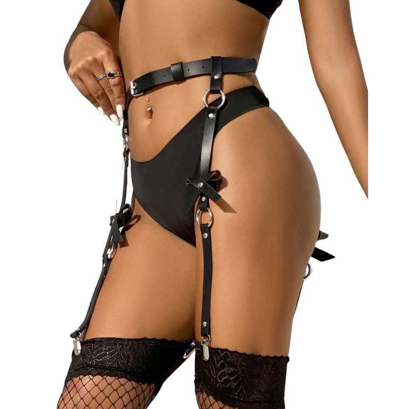 Porte-jarretelles noir bondage ajustable avec nœuds et anneaux
