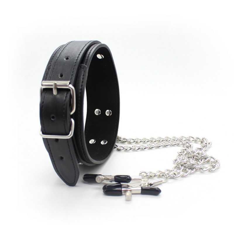 Collier avec Pinces Tétons. Simili Cuir et Chaînes Élégantes