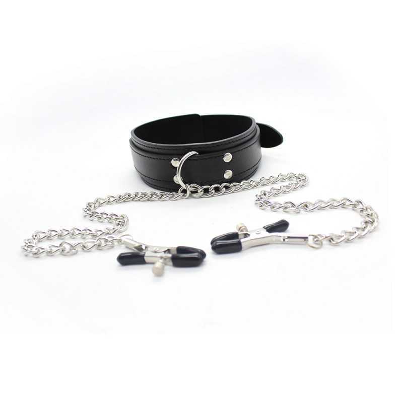 Collier avec Pinces Tétons. Simili Cuir et Chaînes Élégantes