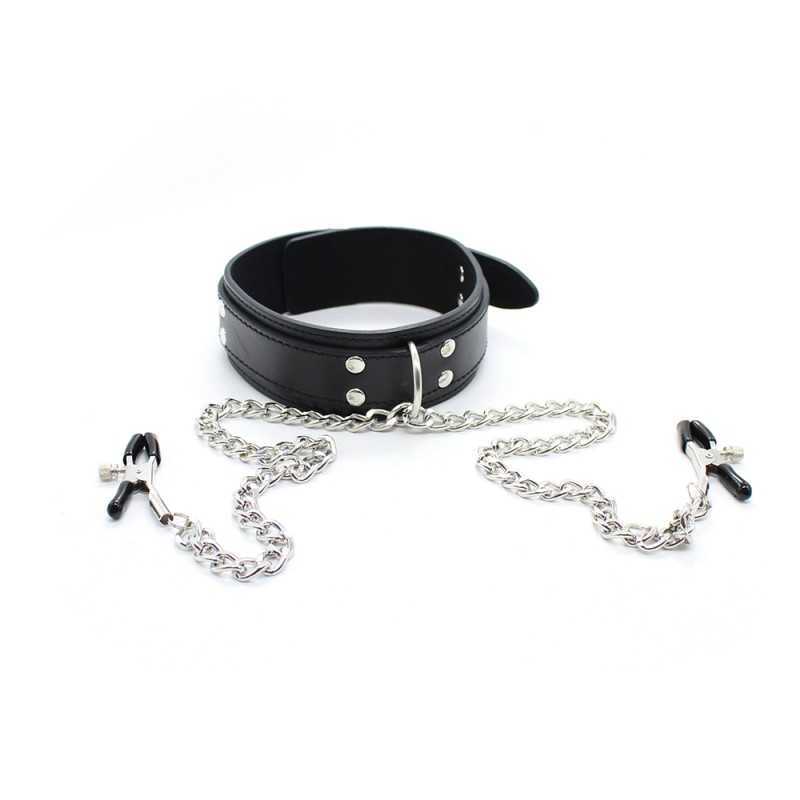 Collier avec Pinces Tétons. Simili Cuir et Chaînes Élégantes